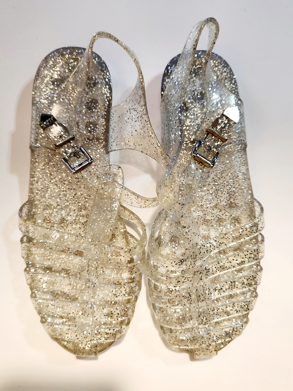 Aldo Women's Clear Glitter Jelly Sandals with Silver Buckles Size: 6